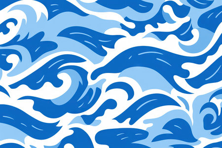 Japanese curl wave line pattern. Blue and white water wave, nautical sea tides. Abstract ocean waves background. Traditional oriental styleの素材