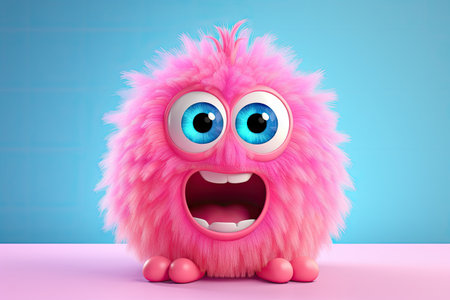 Funny fluffy monster is shocked or scared. Hight emotion, expressive. Wow! Happy and cute little pink monster isolated on blue background. Cute yeti. Halloween characterの素材