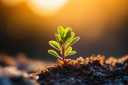 First sign of spring, new sapling from snow in wildlife. First sprout aspire to the sun. New life concept. Ð¡ard or banner for women day and holidays in Marchの素材