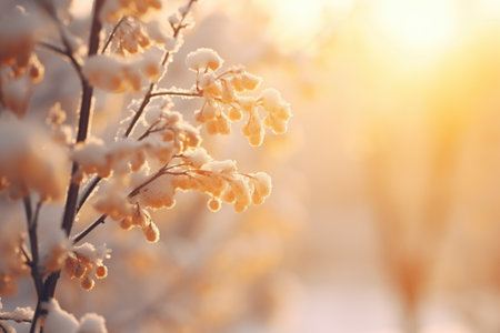 Winter nature background with frozen branch with leaves covered by snow and ice in the mourning. Hoarfrost, closeup frosty golden leaves. Abstract floral backdrop for design card.の素材