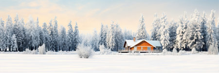 Wooden chalet in on snowy sunny winter forest. Wooden village house in a nature area covered with freshly fallen snow. Christmas holiday vacation conceptの素材