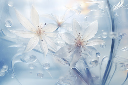 Frozen flowers. Light blue frost pattern on a window glass. Abstract background. Beautiful natural frosty winter backdrop on window. Texture wide screen with copy spaceの素材