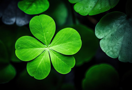 Clover leaves on green background. Three-leaved shamrocks. St Patrick's Day holiday symbol. Template for design card, invitation, bannerの素材