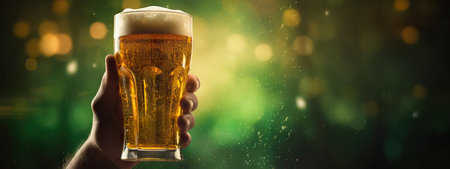 Man holding a glass with cold fresh beer on blured green background. Oktoberfest and St. Patrick's day celebration in a pub or bar. Card, banner, poster, flyer with copy spaceの素材