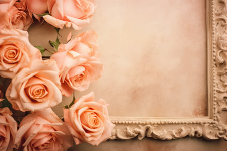 Romantic vintage frame with beautiful roses. Border with beautiful spring or summer border. Greeting card template, invitation or postcard for wedding, birthday, valentine.の素材