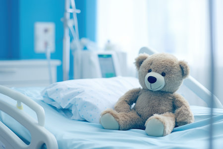 Banner with cute teddybear toy on patient bed at hospital. Health center or hospital room for young patient. Healthcare and childhood conceptの素材