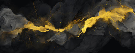 Poster with fluid art texture. Backdrop with abstract mixing paint effect. Liquid acrylic artwork that flows and splashes. Mixed paints for interior. Gold, gray and black colorsの素材