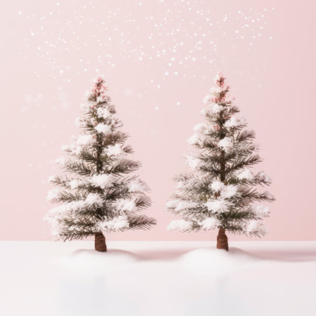 Christmas trees isolated on light pink background. Winter holidays and New Year minimal concept. Xmas design for banner and greeting card with copy spaceの素材