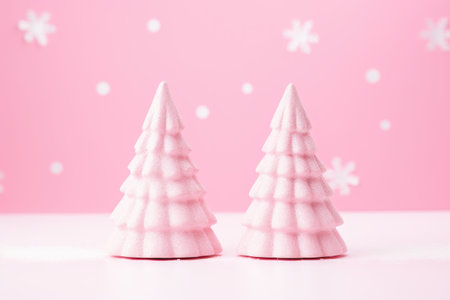 Pink Christmas trees isolated on light rose background. Winter holidays and New Year minimal concept. Xmas design for banner and greeting card with copy spaceの素材