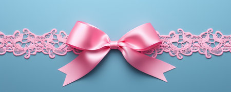 ecorative beautiful pink satin ribbon with bow for decorate gift box or greeting card on light blue background. Christmas, birthday, woman and Valentines day present decorationの素材
