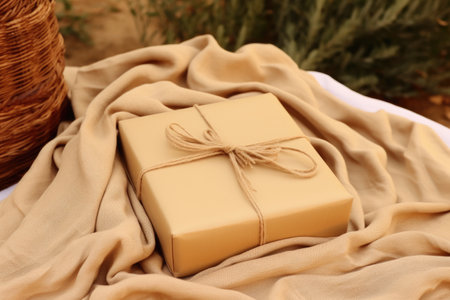 Gift box wrapped in kraft paper. DIY gift wrapping. Zero waste, plastic free, eco friendly concept. Holidays presentの素材