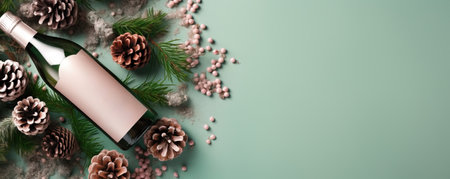 Christmas composition with bottle of wine, pine cones and fir brunches on light pink background. Corked champagne bottle for Christmas, New Year or celebration.の素材