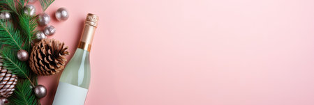 Christmas composition with bottle of wine, pine cones and fir brunches on light pink background. Corked champagne bottle for Christmas, New Year or celebration.の素材