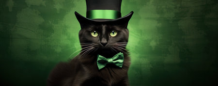Black cat in cylinder hat and bow tie on dark green background. Funny serious pet. St Patrick's day concept with copy space for card, banner, poster, flyerの素材