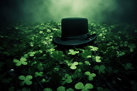 Green shamrock lucky top hat as St Patrick's day symbol and luck icon of Irish tradition with magical four leaf clover. Leprechaun cap. Celebration concept, Background, card.の素材