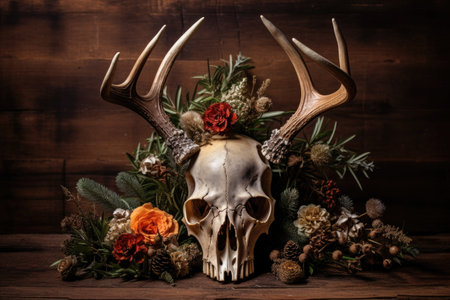 Elk scull with horns and wreat hanging on dark wooden wall. Outdoor decorations. Pagan Christmas, New Year, Yule. Psychedelic ethnic element. Mystical design for Halloween.の素材
