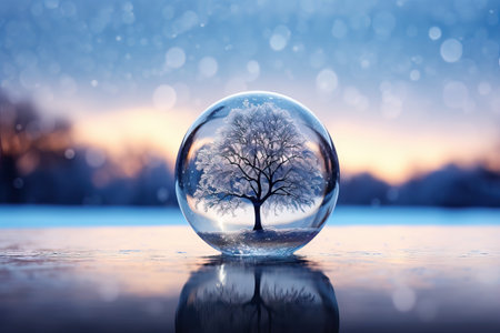 Snow ball with beautiful big tree in it on blurred winter snowy background. Banner with snow globe. Festive New year concept for greeting card with copy spaceの素材