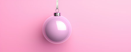 Pink Christmas ball isolated on light rose background. New year decoration, festive atmosphere concept. Banner with copy spaceの素材