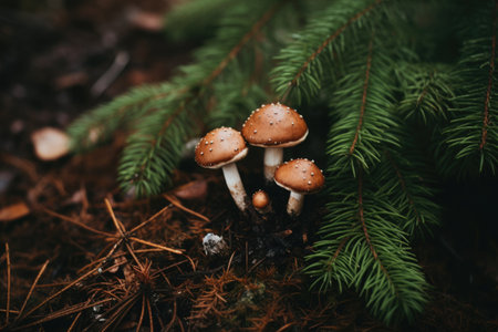 Group of fungi little fresh mushrooms growing in fall rainy forest. Autumn season pick up mushrooms. Mushrooms cut in the woods. Healthy vegetarian foodの素材