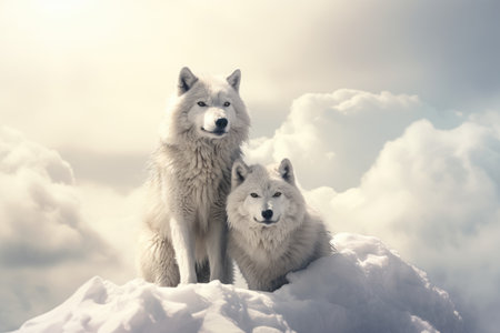 Two beautiful wild arctic wolves in wolf pack in cold snowy winter forest. Couple of gray wolves. Banner with wild animals in nature habitat.の素材