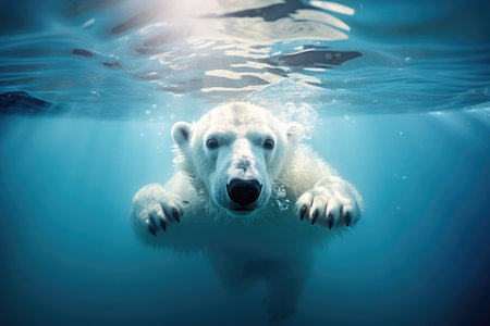 White polar bear swimming undersea with bubbles. Concept of dangerous climate change, endangered wild animalsの素材