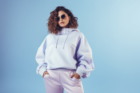 Woman with plus size body in sports clothing on blue background. Oversize confident and proud girl wearing sportswear. Athletic physique with body confidence.の素材