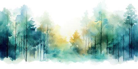 Watercolor painting of winter forest. Spring or summer foggy deciduous forest illustration for Christmas design. Misty abstract background, holiday frame or borderの素材