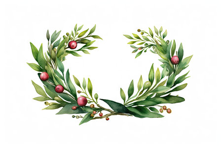 Watercolor Christmas wreath with green fir twigs and red berries. Decorative element isolated on white background. Xmas and New Year card. Winter holiday invitation card, print.の素材