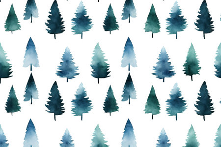 Watercolor pattern of spruce forest. Coniferous foggy forest illustration. Fir or pine trees for Christmas design. Misty winter abstract background, holiday backgroundの素材