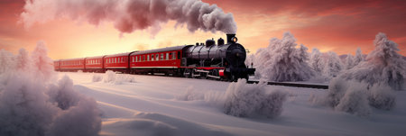 Historic steam locomotive. Old vintage red train ride in the snowy forest in north pole. Fairy tale winter landscape. Retro aesthetic. Christmas and New Year concept. Design for baの素材