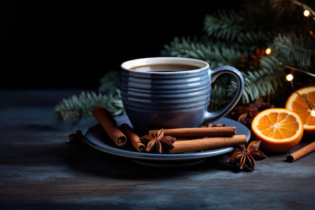 Banner with aromatic hot mulled wine in glass cap with spices and citrus fruit on a table. Snow and lights. Concept of festive atmosphere and cozy winter mood.の素材