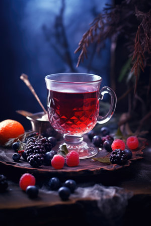 Hot cranberry winter drink in glass cup. Fruit and berry red tea with fresh blueberries and raspberries on dark background. Vitamin seasonal drinkの素材