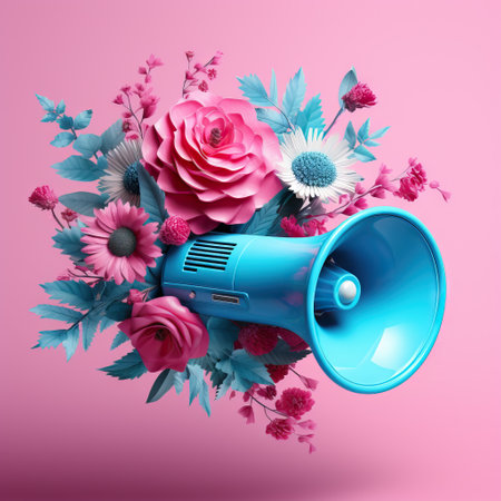 Blue retro megaphone with colorful flowers and leaves on pink background. Spring and women's day concept. Women's Equality Day. Vintage element for design card, poster, banner.の素材