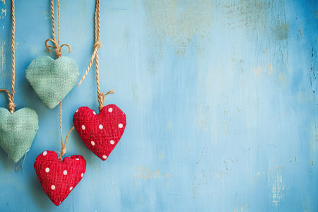 Gingham love hearts on rustic wood texture background. Blue wall with heart shape garland. Valentines day concept with copy space. Greeting card or bannerの素材