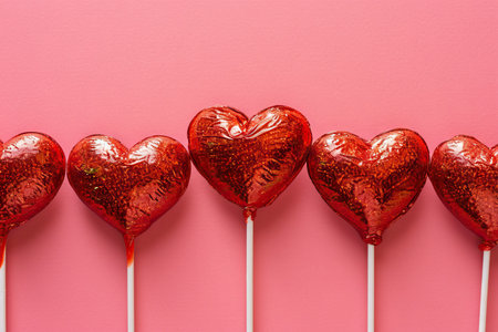 Heart shape red lollipop candy on pastel pink background. Minimal Valentine or love concept. Hipster style. Top view, flat lay with copy spaceの素材