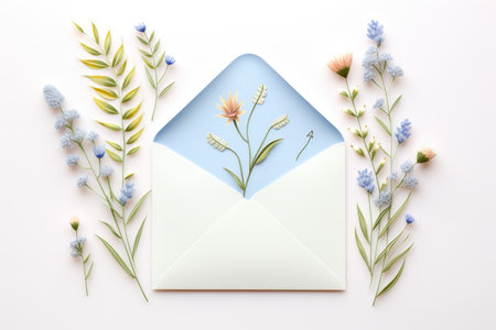 Letter with flowers inside. Love letter with spring flowers. Modern greeting concept. Beautiful floristic compoValentine, mother's, women's day, weeding or birthday gift.の素材