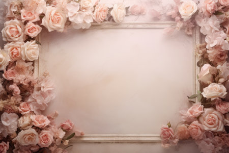 Romantic vintage frame with beautiful roses. Border with beautiful spring or summer border. Greeting card template, invitation or postcard for wedding, birthday, valentine,の素材