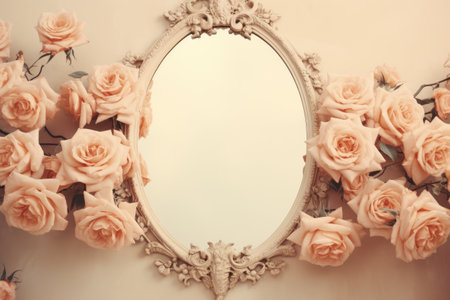 Romantic vintage frame with beautiful roses. Border with beautiful spring or summer border. Greeting card template, invitation or postcard for wedding, birthday, valentineの素材