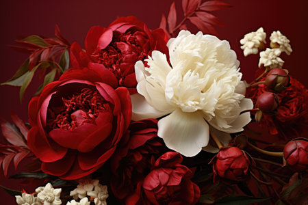 Bright red and white beautiful peonies pattern. Wedding decoration background. Backdrop for greeting card, banner for valentine day and women dayの素材