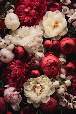 Bright red and white beautiful peonies pattern. Wedding decoration background. Backdrop for greeting card, banner for valentine day and women dayの素材