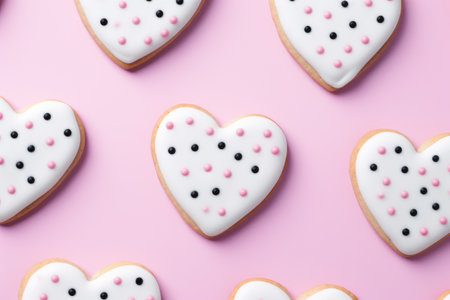 Homemade valentine cookies on pastel pink background. Gingerbread hearts for Valentine's day. Sugar glazed cookies. Present for holiday, birthday, woman's dayの素材