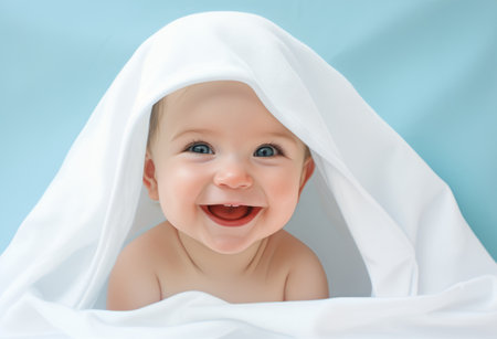 Adorable little baby wearing white towel after bath or shower. Clean dry child on light blue background. Childhood and baby care concept. Bathing and washing of little children.の素材