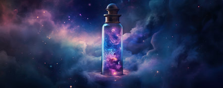 Bottle of magic potion glowing in darkness with mystery night starry sky on background. Glass vial with galaxy elixir. Fantasy substance, witch's bottled drinksの素材