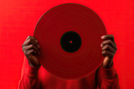 Black man hand holding old vinyl retro record. Vinyl gramophone record on red background. 80s and 90s style. Disco party. Love music conceptの素材