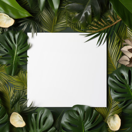 Creative layout made of tropical leaves. White paper blank card on green fresh leaves. Trendy stylish minimalist template. Nature, eco, environment concept with copy spaceの素材