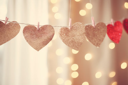 Decorative hearts hanging on rope against blurred lights background, closeupの素材
