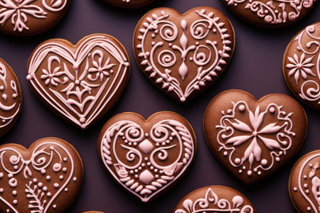 Homemade valentine cookies on dark purple background. Gingerbread hearts for Valentine's day. Sugar glazed cookies. Present for holiday, birthday, woman's dayの素材