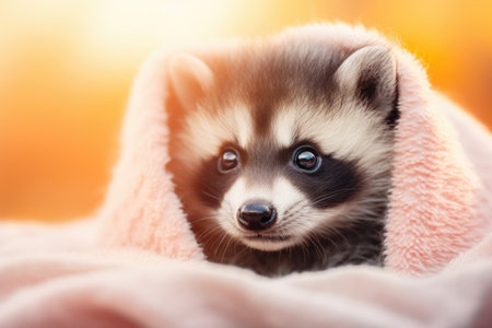 Cheerful cute racoon lying on white blanket. Funny forest animal character with funny face dreaming in bed at home. Exotic domestic pet conceptの素材