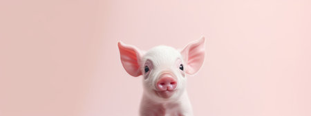 Happy cute mini pig isolated on pink background. Happy funny piglet. Exotic domestic pet. Vegan and vegetarian concept. Animal health, love of natureの素材