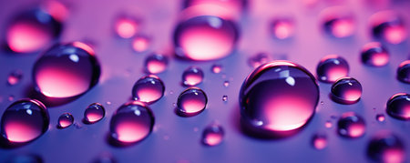 Serum or water drops on purple gradient surface background. Toner or cleanser lotion, hyaluronic serum. Clear liquid skin care cosmetic product texture with bubblesの素材